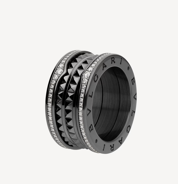 ˇMagic JewelryˇZERO 1 ROCK FOUR-BAND BLACK CERAMIC WITH STUDDED SPIRAL AND PAVED DIAMONDS RING