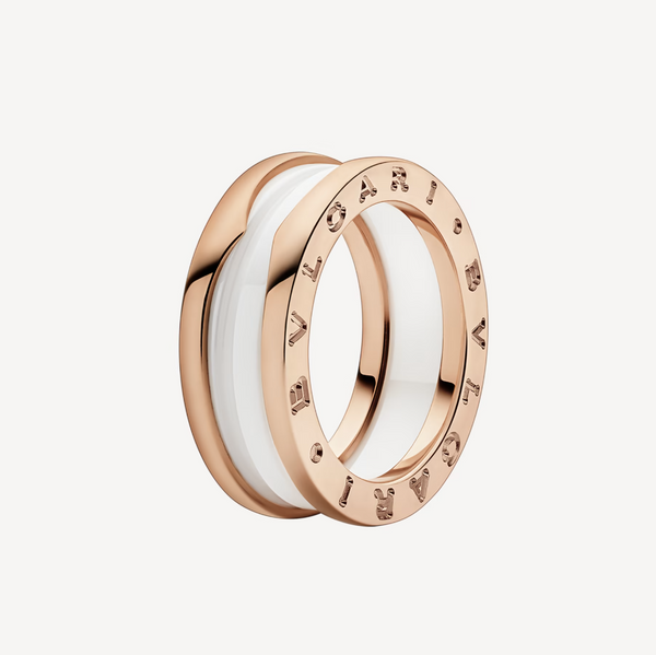ˇMagic JewelryˇZERO 1 TWO-BAND LOOPS AND WHITE CERAMIC SPIRAL PINK GOLD RING