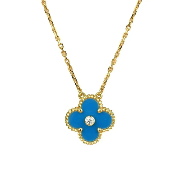 ˇMagic JewelryˇCLOVER 15MM DIAMOND AND BLUE AGATE NECKLACE